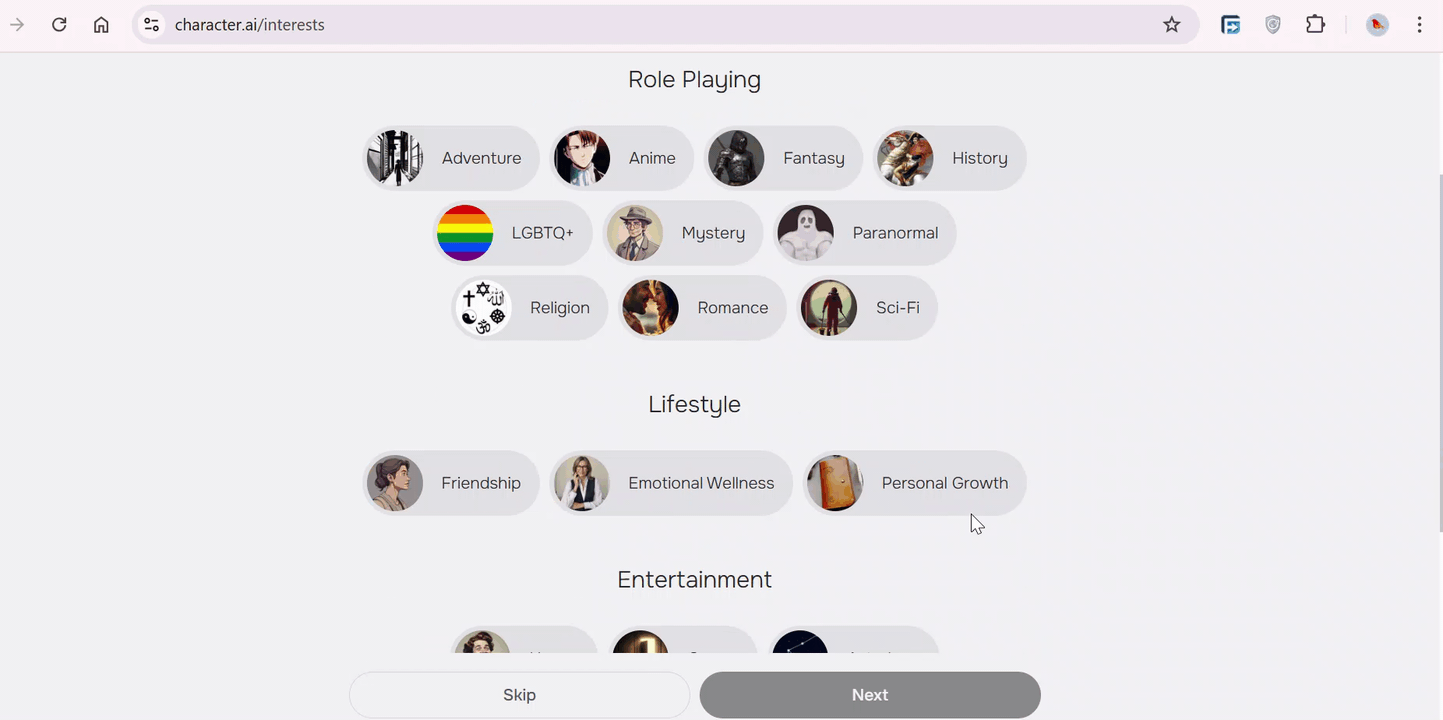 Character AI Interests