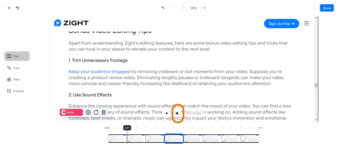 How to mute a video recording on Zight