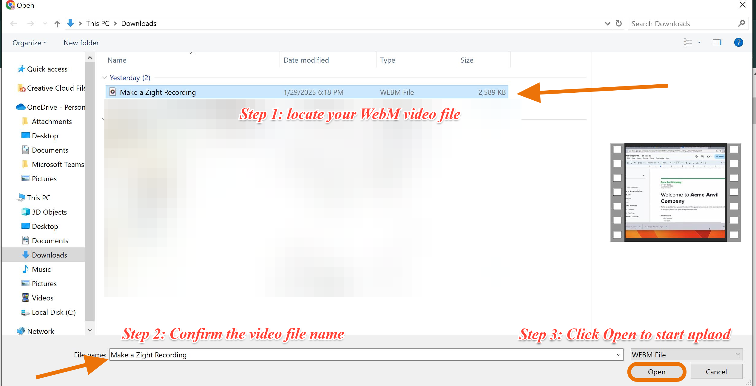 How to upload WebM video file for conversion
